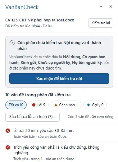 Khung VanBanCheck trong Word với 10 vấn đề và nút Sửa tất cả lỗi an toàn