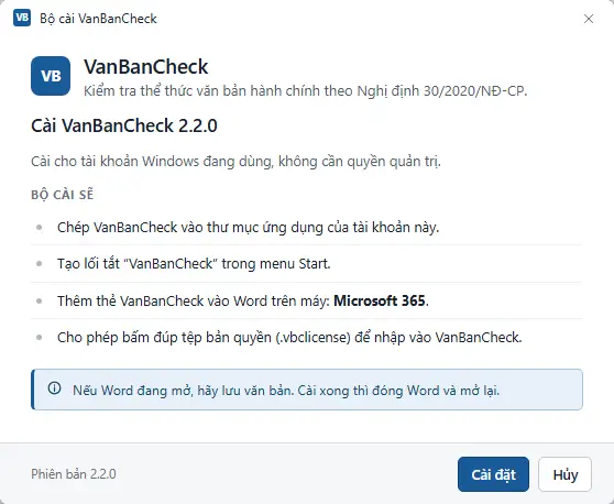 Bộ cài VanBanCheck: cài cho tài khoản Windows đang dùng, không cần quyền quản trị