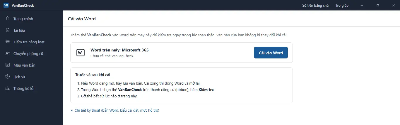 Màn Cài vào Word: Word trên máy là Microsoft 365, nút Cài vào Word