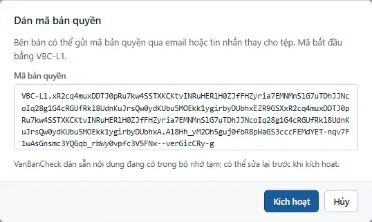 Hộp Dán mã bản quyền với ô chứa mã bản quyền và nút Kích hoạt