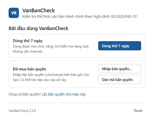 Cửa sổ lần mở đầu tiên: Dùng thử 7 ngày, hoặc nhập bản quyền đã mua