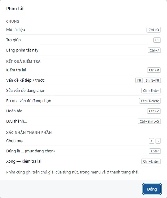 Bảng phím tắt: Ctrl+O mở tài liệu, F1 trợ giúp, Ctrl+R kiểm tra lại, F8 vấn đề kế tiếp, Ctrl+Enter sửa, Ctrl+Z hoàn tác, Ctrl+Shift+S lưu thành