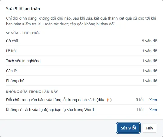 Hộp Sửa 9 lỗi an toàn: liệt kê các lỗi sẽ sửa và các lỗi không sửa trong lần này